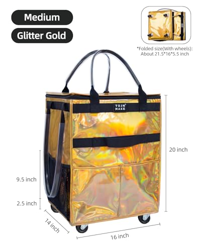 Reusable Grocery Bag with Wheels, Medium Glitter Gold Rolling Tote - color: Glitter Gold, size: Medium