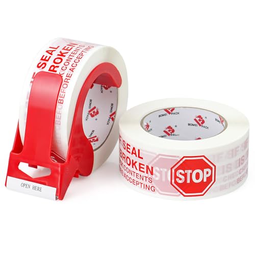 BOMEI PACK Stop Sign Sealing Tape,Pre-Printed IF Seal is Broken Check Contents Before Accepting Packing Tape with Dispenser 2 Inch x 110 Yards Heavy Duty Shipping Tape for Moving,Sealing