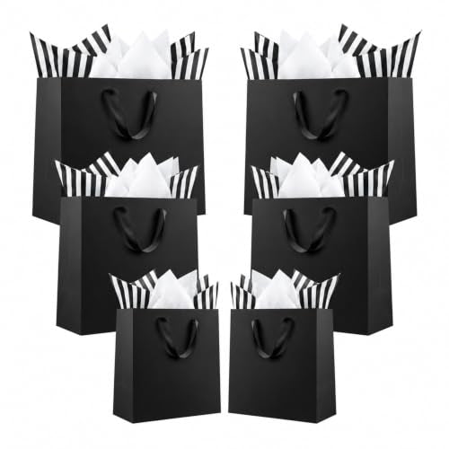 Offizon 12 PCS Black Gift Bags in 3 Sizes with Stripe Tissue - color: 3 Sizes-Black-12PCS