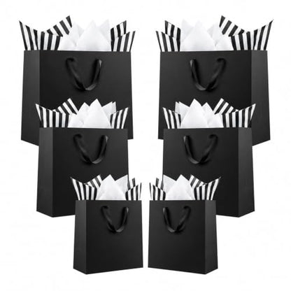 Offizon 12 PCS Black Gift Bags in 3 Sizes with Stripe Tissue - color: 3 Sizes-Black-12PCS