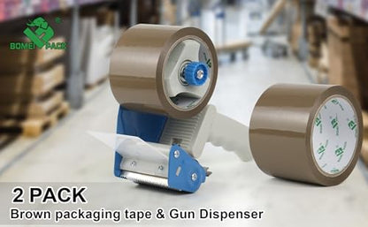 BOMEI PACK 3 Inch Brown Packing Tape with Dispenser Gun, 2 Pack 1.96 mil x 3 Inch x 60 Yards (120 Yards Total) Shipping Tape for Sealing, Storing, mailing and Moving Boxes - color: 1 Blue Dispenser + 2 Pack Brown Packing Tapes