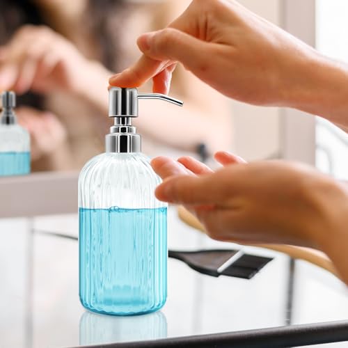 18 Oz Glass Soap Dispenser with Stainless Steel Pump, Modern Ribbed Design Refillable Liquid Soap Bottle for Bathroom, Kitchen, Hand Soap, Dish Soap, or Lotion - color: Transparent