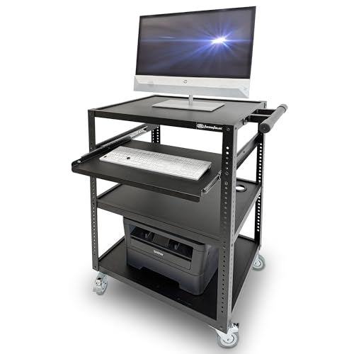 AxcessAbles Computer Cart on Wheels 400LB Capacity, Metal AV Equipment Utility Workstation, with Pullout Keyboard Tray, Locking Caster Wheels.