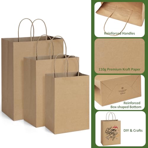 BagDream 100 Pack Kraft Paper Gift Bags with Handles Assorted Sizes Bulk