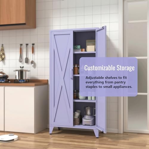 61" Tall Purple Farmhouse Metal Kitchen Pantry Cabinet, Lockable Freestanding Storage Cabinet with 2 X-Shape Metal Doors & 3 Adjustable Shelves, Cupboard with Legs for Home, Bedroom, Garage, Office - color: Lilac, style: Pantry-61"H-DH