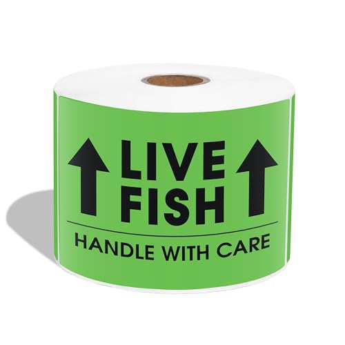 3" X 5" Live Fish This Side Up Shipping Stickers - Handle with Care - color: Green (Live Fish)