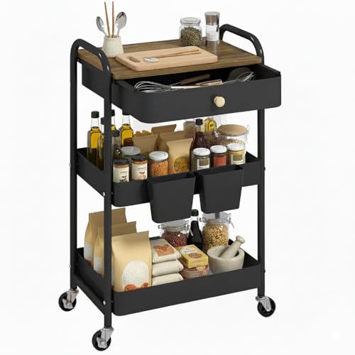danpinera Rolling Cart with Drawers, Black Storage Cartwith Locked Wheels, Hooks & Hanging Cups for Any Room - color: Black