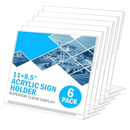 Acrylic Sign Holder 8.5 x 11 Horizontal 6 Pack Slant Back Acrylic Stands for Display Plexiglass Clear Acrylic Display Stands for Ad Frame, Picture Photo Frames, Promotions, Restaurants, Office - size: Horizontal 6 pack 8.5 x 11 inches