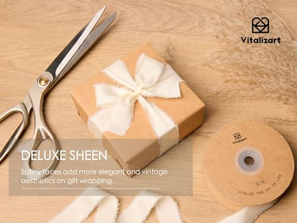 Vitalizart Ivory Silk Satin Ribbon 1" x 30 Yds White Handmade Frayed Edges - color: Ivory White