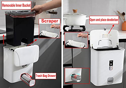 Sooyee Trash Can with Lid,2.4 Gallon Small Trash Can,Hanging or Standing Plastic Compost Bin for Cupboard/Bedroom/Office/Camping/Kitchen/Bathroom,Waste Basket,White