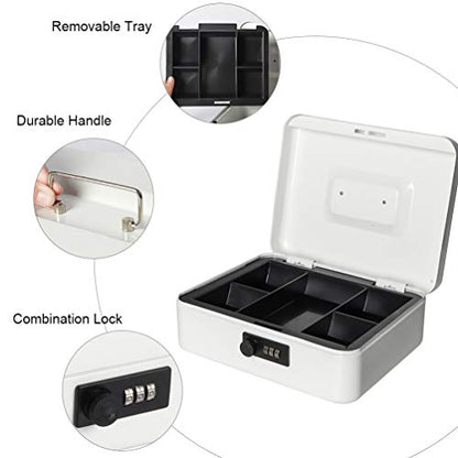 Cash Box with Money Tray, Parrency Large Money Box with Combination Lock, 9.8 x 7.9 x 3.5 inches, White - color: Combo White, size: Large（9.84")