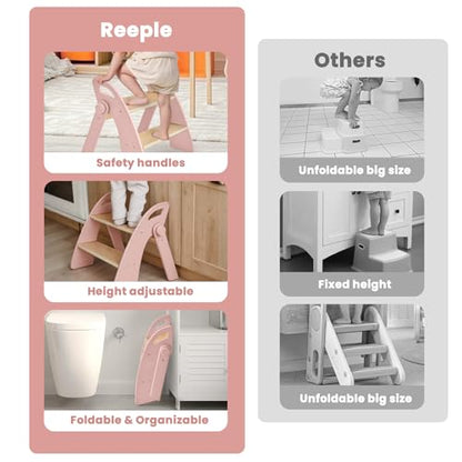 Wooden 2 Step Stool for Toddlers, Foldable 2-Step with Non-Slip Pads and Handles, Bamboo Step Stool for Kids Bathroom Sink and Potty Training, Kitchen Helper, Nursery Bedroom (Pink) - color: Pink
