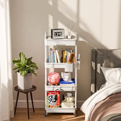 Sorgion 4 Tier Rolling Cart Organizer,Art Craft Diaper Bedside Snack Laundry Room Bathroom Organizer Narrow Thin Slim Rolling Trolley Utility Cart with Wheels for Kitchen,Office(White) - size: 4Tier-White