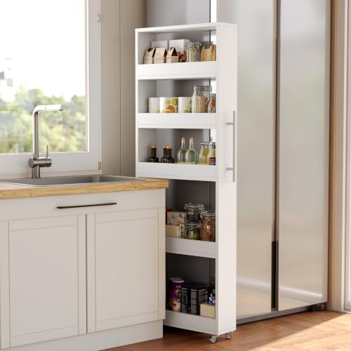 LITTLE TREE 63-Inch Slim Storage Cart on Wheels, 5-Tier Tall Narrow Mobile Shelf Organizer, Rolling Utility Cart with Metal Handle for Kitchen, Dining Room, Small Spaces, White - color: White