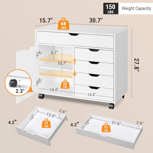 DEVAISE 5 Drawer Wood Storage Cabinet, Office Drawer Cabinet, White - color: White - 1 Large + 4 Small