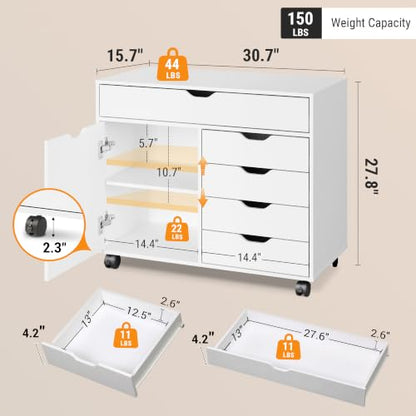 DEVAISE 5 Drawer Wood Storage Cabinet, Office Drawer Cabinet, White - color: White - 1 Large + 4 Small