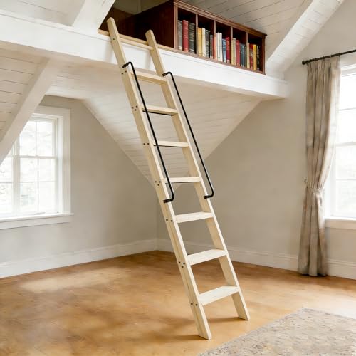96in Solid Wood Sliding Library Ladder, 8 Step Wooden Ladder with Handrails - size: Height 96"