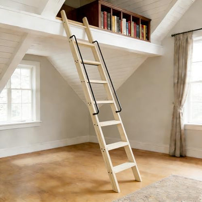 96in Solid Wood Sliding Library Ladder, 8 Step Wooden Ladder with Handrails - size: Height 96"