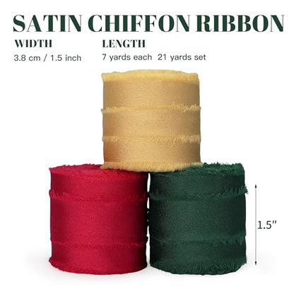 Keypan Christmas Frayed Satin Chiffon Ribbon, 1.5 Inches, 21 Yards - color: Christmas Set