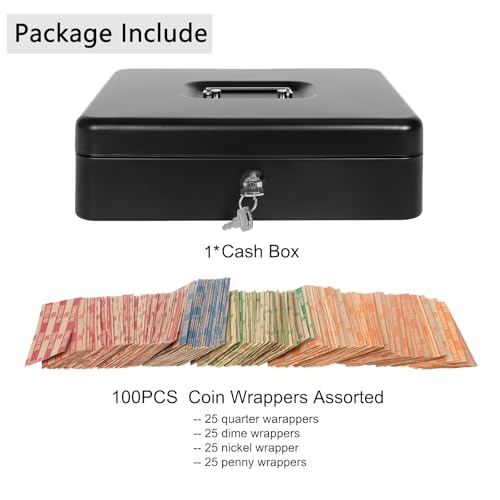Cash Box with Key Lock and Money Tray - Metal Money Box for Cash Register, Large Cash Lock Box for Money Safe with 100PCS Coin Wrappers Assorted