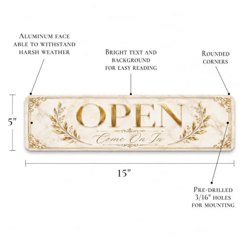 Open Luxe Gold Business Sign — Metal Open/Closed Storefront Sign for shop - style: OPEN