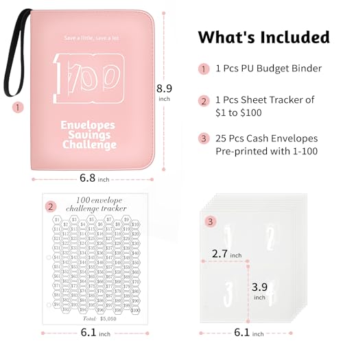 RONMONG 100 Envelopes Challenge Binder, Money Saving Binder, Budget Book - color: Pink Style 1