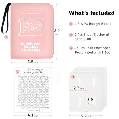 RONMONG 100 Envelopes Challenge Binder, Money Saving Binder, Budget Book - color: Pink Style 1