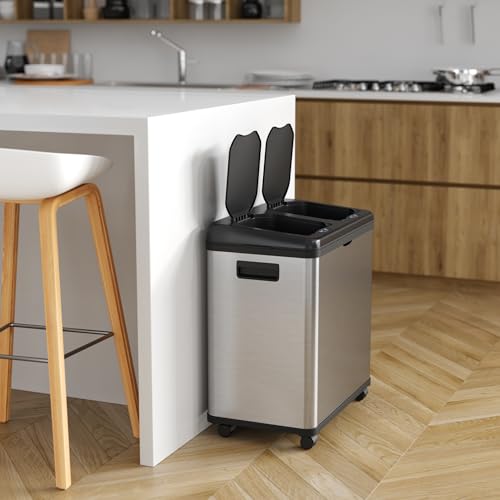 iTouchless 16 Gallon Sensor 2.0 Technology Dual Compartment Kitchen Trash Can and Recycle Bin with Wheels, Stainless Steel Automatic 8 Gallon Per Side for Home Office Store Business