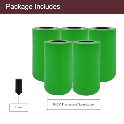 Motex 1 Line Labels - 25,000 Green Blank Price and Date Gun Labels with 1 Ink Roll, Fits MX-5500 and Perco 1 Line Price and Date Guns - color: Green, size: 25 Rolls + 1 Ink