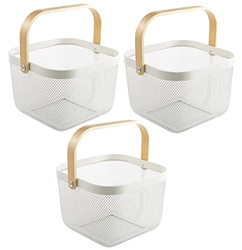 AJIODA 3 Pack Metal Mesh Steel Basket, Storage Organizer Basket Multi-function Hanging Kitchen Baskets Fruit Basket Bin with Wood Handle for Kitchen Bathroom Picnic Cabinet Home Decor, 3PCS-White - color: 3PCS-White