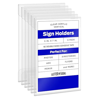 5x7 Acrylic Sign Holder Wall Mount 6 Pack - Clear Vertical Document Frame