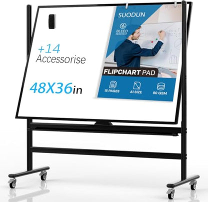 Mobile Rolling Whiteboard on Wheels 48" x 36" Double-Sided Magnetic - color: Black, size: 48X36