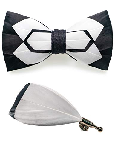 RBOCOTT Handmade Feather Pre-tied Bow tie and Brooch Sets for Men - color: Black/White1