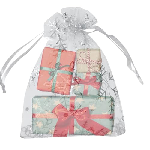 YHJZ 50PCS Snowflake Organza Bags, 4x6 inches Small Christmas Gift Bags with Drawstring, Mesh Bags for Gift (White Christmas) - color: Christmas Clear