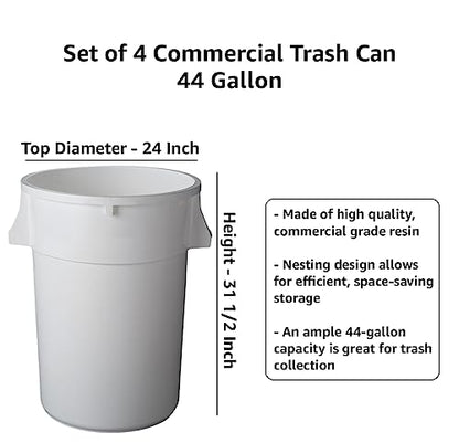 Set of 4 Round Commercial Trash Can 44 Gallon, Industrial Recycling Bin, Durable Garbage Can, Safe Food Container, Ingredient Bin (White) - color: White
