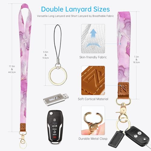 2-in-1 ID Badge Holder & Lanyard Wallet，Cute Zippered Pouch Pink Marble - color: Pink Marble