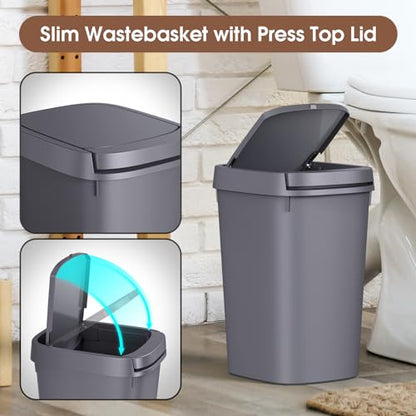 CEROELDA 3 Pack Bathroom Trash Can with Lid, 10L/2.6 Gal Small Garbage Can with Press Top Lid, Slim Plastic Waste Basket for Toilet, Office, Bedroom (Grey) - color: 3 Pack-Grey