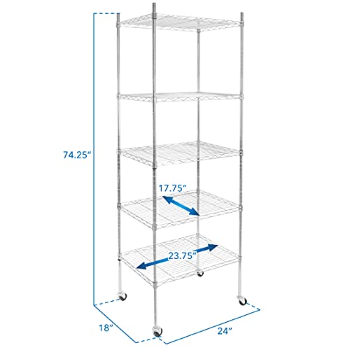 Mount-It! 5 Tier Chrome Wire Shelving on Wheels, Versatile, Adjustable Shelf Height Metal Storage Organizer for Kitchen, Garage, Laundry, No Tools Required, 74.25" H x 23.75" W x 17.75" D