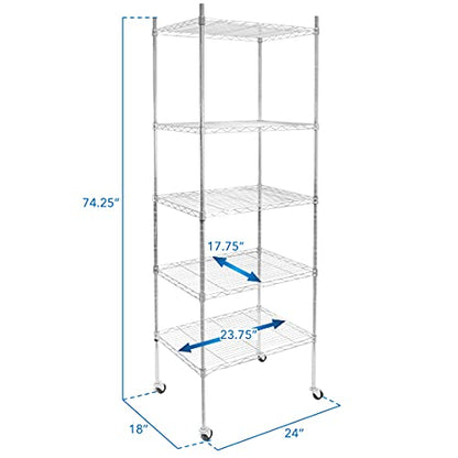 Mount-It! 5 Tier Chrome Wire Shelving on Wheels, Versatile, Adjustable Shelf Height Metal Storage Organizer for Kitchen, Garage, Laundry, No Tools Required, 74.25" H x 23.75" W x 17.75" D