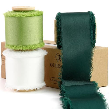Silk Satin Ribbon 1-1/2 Inch x 30 Yards Ivory & Sage & Dark Green - color: Ivory& Sage Green& Dark Green