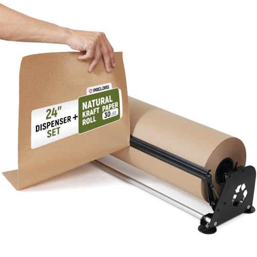 24" Paper Dispenser with Cutter + 30 lb Natural Brown Kraft Paper Roll - color: 1 Roll + Dispenser, size: 24" x 1200' 30 Lb