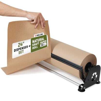 24" Paper Dispenser with Cutter + 30 lb Natural Brown Kraft Paper Roll - color: 1 Roll + Dispenser, size: 24" x 1200' 30 Lb