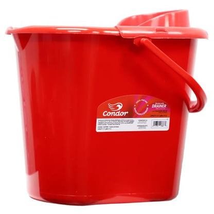 Condor Professional Bucket with Drainer, Red Plastic Mop Bucket, Built-in Measuring Scale, Cleaning Container