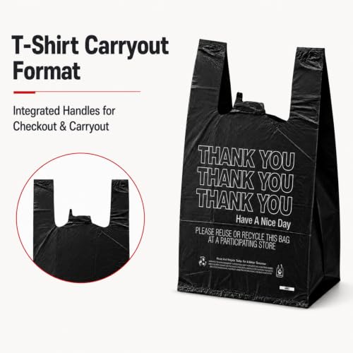 Black Thank You T-Shirt Bags, 10 x 5 x 18 in, 14 Micron, 1000 Count