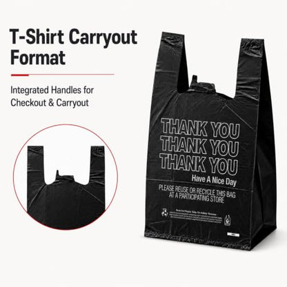 Black Thank You T-Shirt Bags, 10 x 5 x 18 in, 14 Micron, 1000 Count