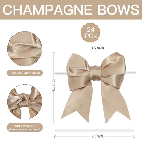 Pre-Tied Champagne Gold Bows with Twist Ties 3.5 Inch, 24 Pack - color: Champagne