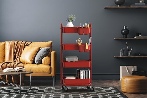 Simple Houseware 4-Tier Rolling Utility Cart with Hanging Bucket, Red - color: Red, size: 4-Tier