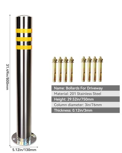 32" Safety Bollard 2 Pack Stainless Steel with Reflective Tape, 8 Anchors - size: Without Chain