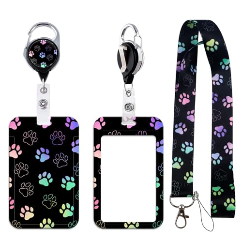 Black Lanyards with ID Badge Holder, Plastic Vertiacl Card Holder with Heavy Duty Retractable Reel Clip, Cute Paw Neck Lanyard for Kids, Girl, Women, Nurse - color: Paw