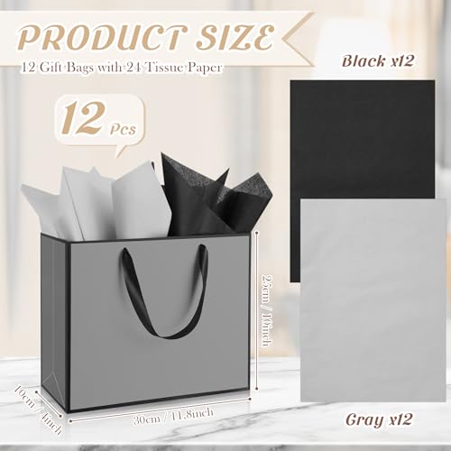 ReliThick 12 Pack Paper Gift Bag with Handles & Tissue, Gray, Black - color: Grey, Black
